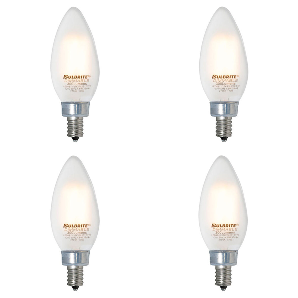 Bulbrite 861427 Bulbrite Pack of (4) 3.6 Watt Dimmable Milky Finish B11 Candelabra (E12) LED Light Bulb - 300 Lumens, 2700K