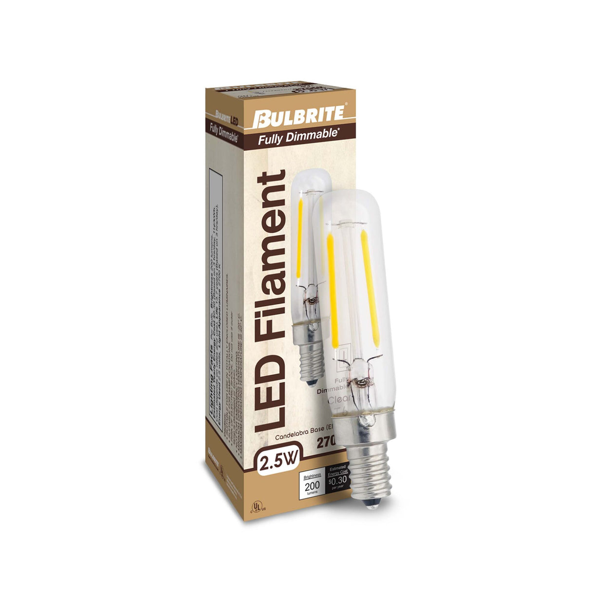 Bulbrite 861574 2.5W LED T6 Light Bulb 2700K Dimmable E12 180 Lumens 120V 4PK