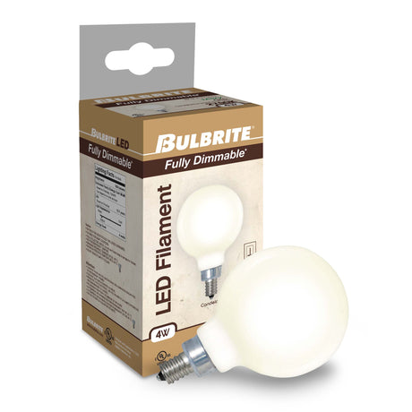 Bulbrite 862894 Bulbrite LED Filament Pack of (4) 4 Watt Dimmable G16 Light Bulb with a Milky Finish and Candelabra Screw (E12) Base - 2700K (Warm White Light), 300 Lumens