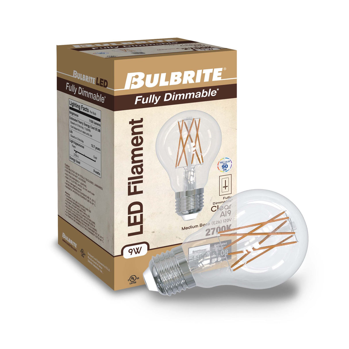 Bulbrite 861578 8.5W LED A19 Light Bulb 2700K Dimmable E26 1100 Lumens 120V 2PK
