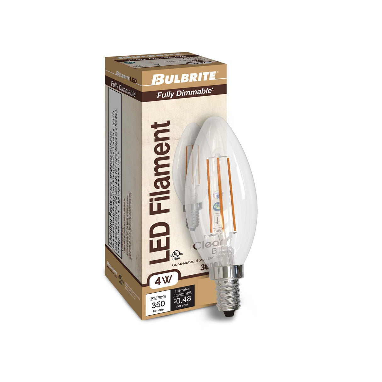 Bulbrite 861588 Bulbrite Pack of (4) 4 Watt Dimmable Clear Filament B11 Candelabra (E12) LED Bulb - 300 Lumens, 3000K, and 90 CRI