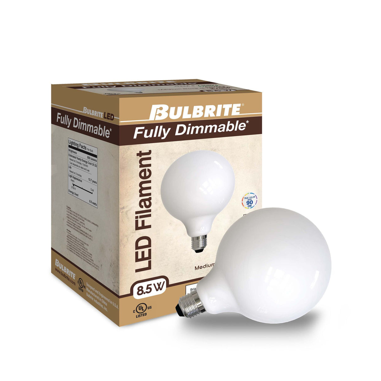 Bulbrite 861597 8.5W LED G40 Light Bulb 2700K Dimmable E26 800 Lumens 120V 2PK