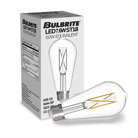 Bulbrite 862918 Bulbrite LED 7.6W Watt Dimmable ST18 Light Bulb with a Clear Finish and a Medium Screw E26 - 2700K (Warm White Light) 800 lumens