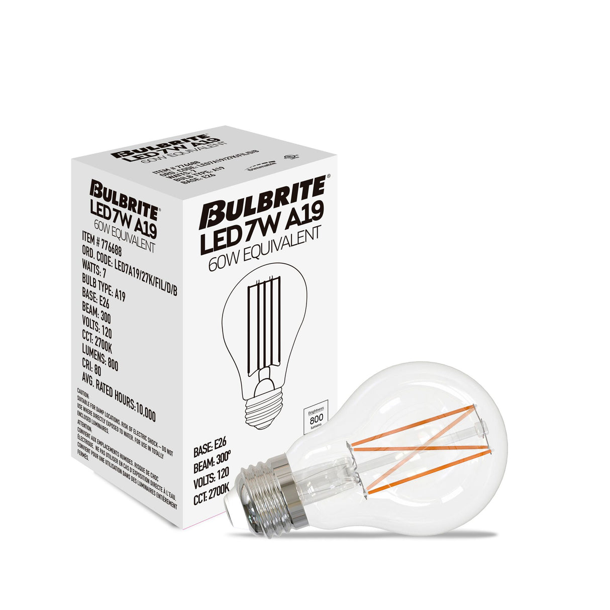 Bulbrite 861620 Bulbrite LED Filament Pack of 8, 7 Watt Dimmable A19 Light Bulb with Clear Finish and Medium Screw E26 Base - 2700K(Warm White Light), 800 lumens