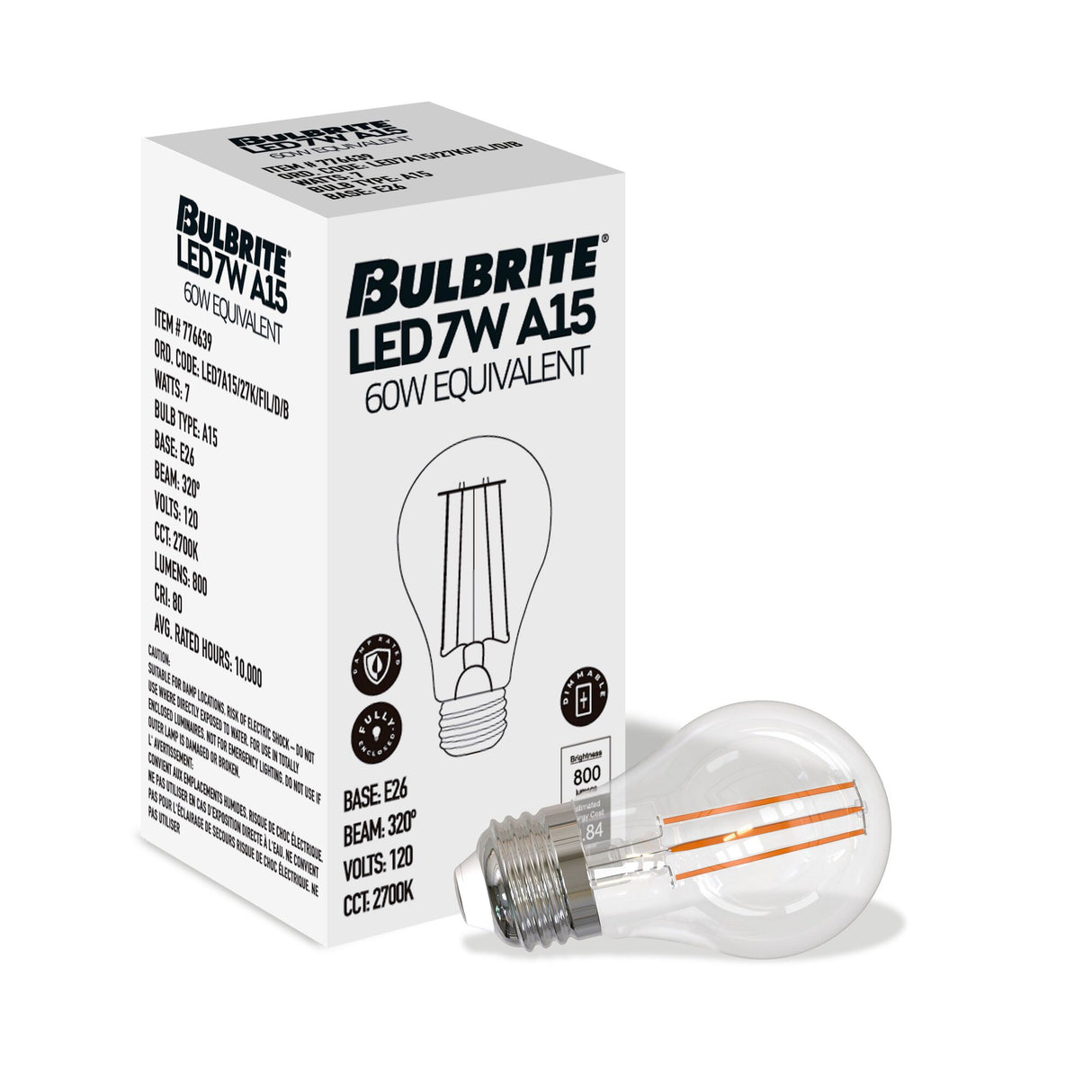 Bulbrite 861633 Bulbrite LED Filament Pack of (4) 7 Watt Dimmable A15 Light Bulb with Clear Glass Finish and Medium (E26) Base - 2700K (Warm White Light), 800 Lumens