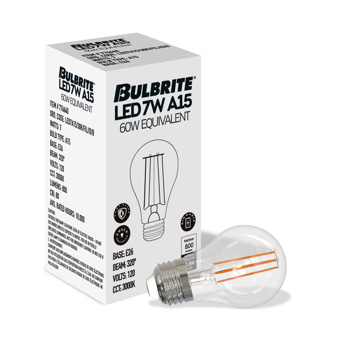 Bulbrite 861634 Bulbrite LED Filament Pack of (4) 7 Watt Dimmable A15 Light Bulb with Clear Glass Finish and Medium (E26) Base - 3000K (Soft White Light), 800 Lumens