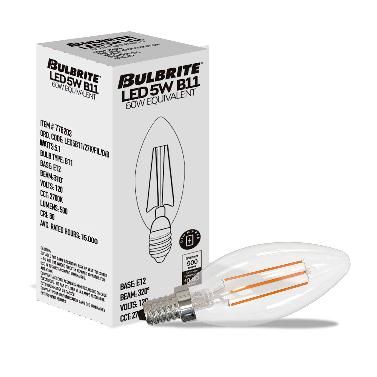Bulbrite 861761 Bulbrite LED Filament Pack of (36) 5 Watt Dimmable B11 Light Bulb with Clear Glass Finish and Candelabra  (E12) Base - 2700K (Warm White Light), 500 Lumens