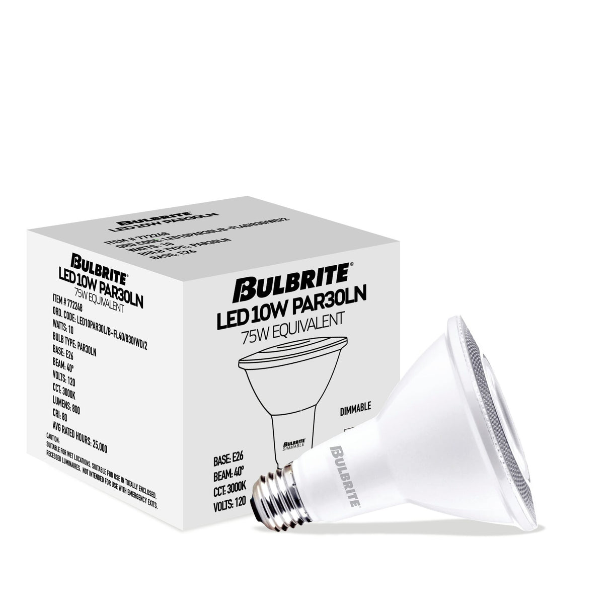 Bulbrite 861734 Bulbrite Pack of (4) 10 Watt Dimmable Flood PAR30 Long Neck Medium (E26) LED Light Bulb - 3000K (Soft White Light), 800 Lumens