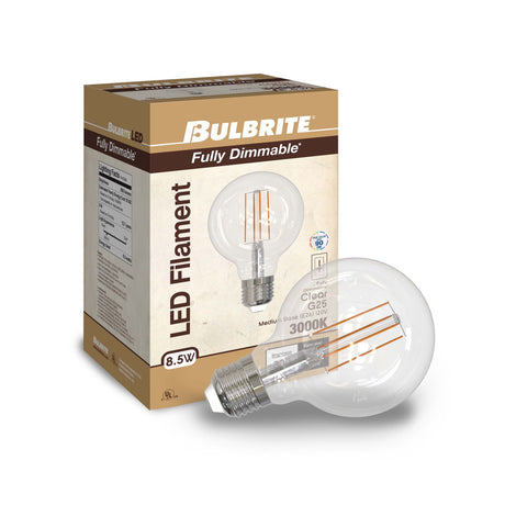 Bulbrite 861928 Bulbrite Pack of (2) 8.5 Watt Dimmable Clear Filament G25 Medium (E26) LED Light Bulb - 800 Lumens, 3000K, and 90 CRI