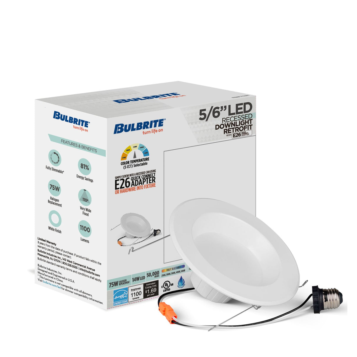 Bulbrite 862651 Bulbrite Pack of (4) 14 Watt Adjustable 5/6" Integrated LED Recessed Downlight with E26 Quick Connect Adapter, 5CCT - 27/30/35/40/50K, 1100 Lumens