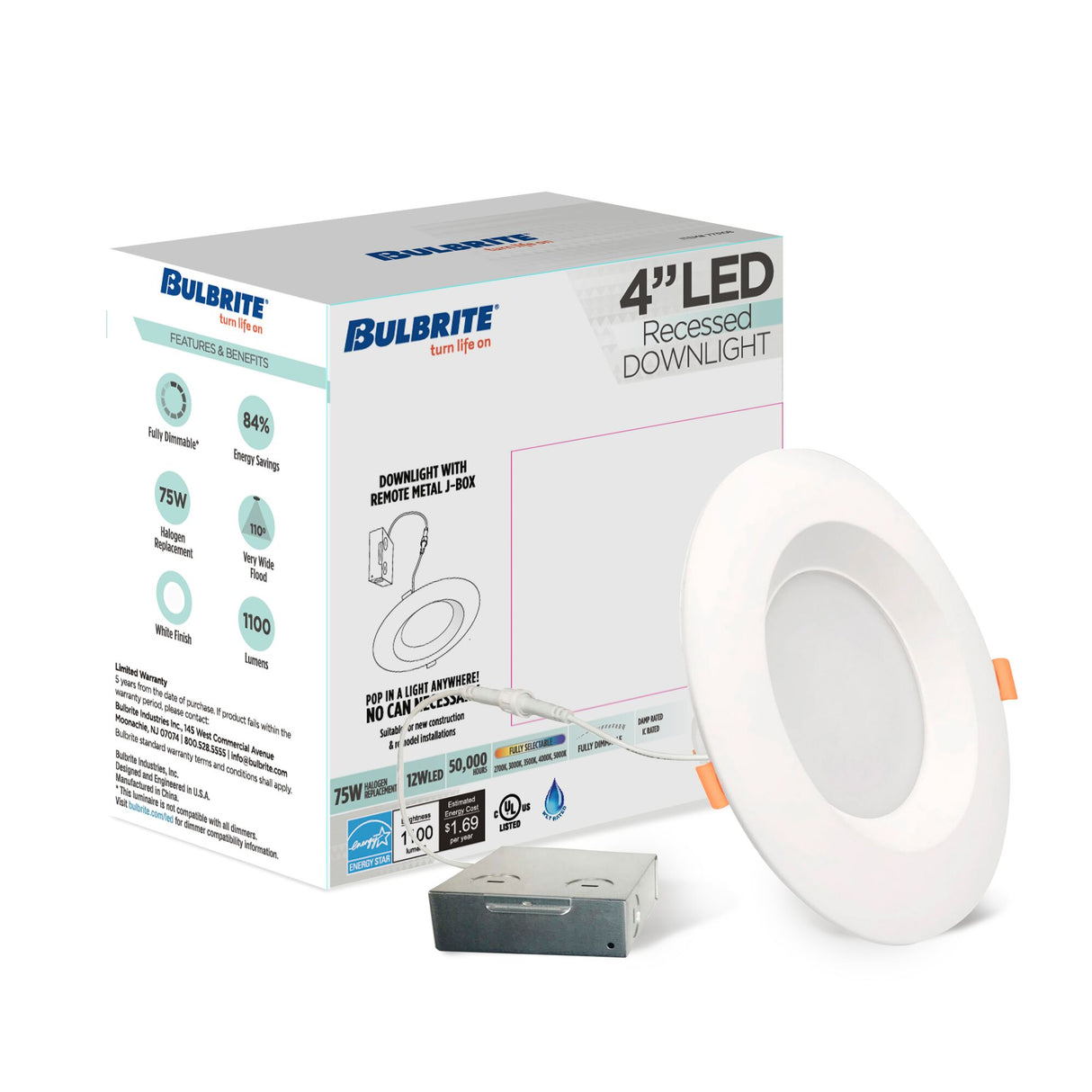 Bulbrite 773301 LED 4" Round Recessed Downlight Fixture with Metal Jbox, 75W Equivalent, 5 CCT - 27/30/35/40/50K