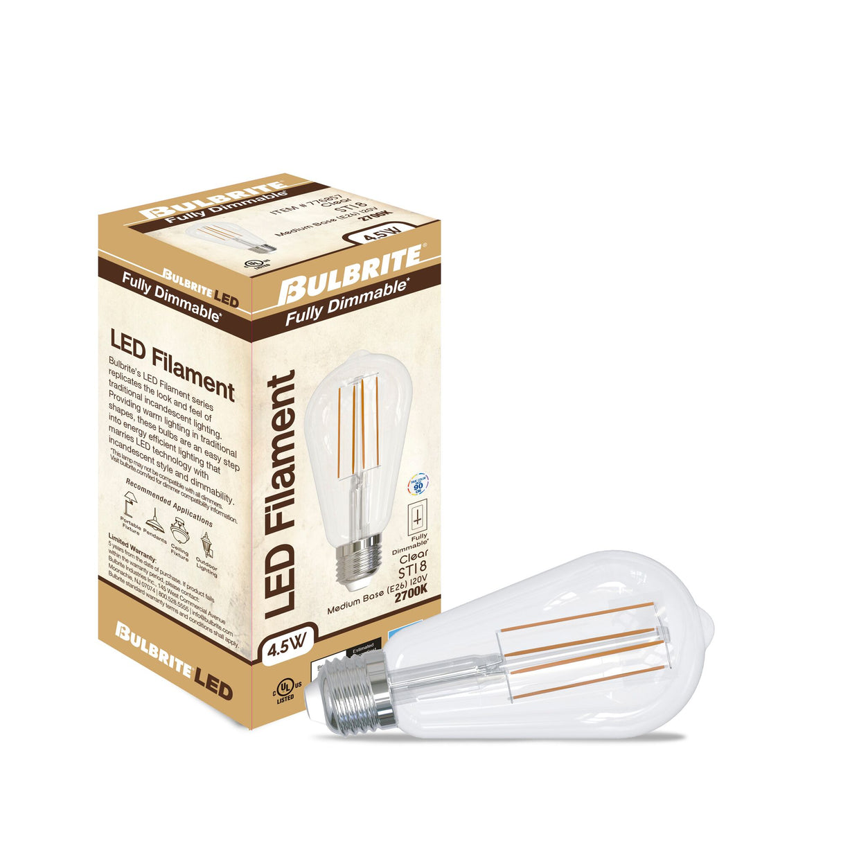 Bulbrite 862693 Bulbrite Pack of (4) 4.5 Watt Dimmable Clear Filament ST18 Medium (E26) LED Light Bulb - 450 Lumens, 2700K