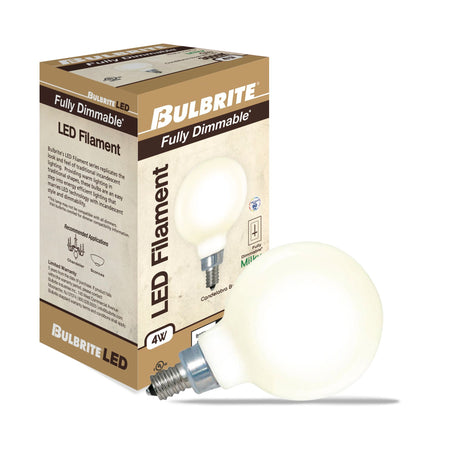 Bulbrite 862695 Bulbrite LED Filament Pack of (4) 4 Watt Dimmable G16 Light Bulbs with Milky Finish and Candelabra (E12) Base - 3000K (Soft White Light), 360 Lumens