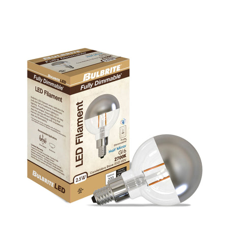 Bulbrite 862696 Bulbrite LED Filament Pack of (4) 2.5 Watt Dimmable G16 Light Bulb with a Half Mirror Finish and Candelabra Screw (E12) Base - 2700K (Warm White Light), 200 Lumens