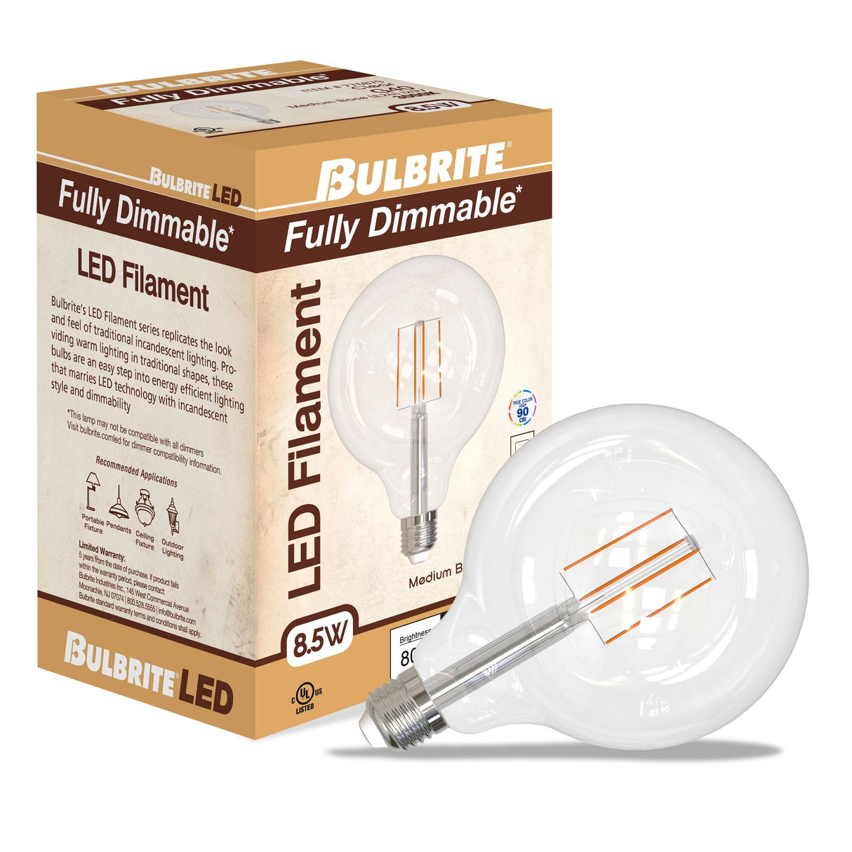 Bulbrite 862698 Bulbrite LED Filament Pack of (2) 8.5 Watt Dimmable G40 Light Bulb with a Clear Finish and Medium Screw (E26) Base - 3000K (Soft White Light), 800 Lumens