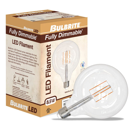 Bulbrite 862698 Bulbrite LED Filament Pack of (2) 8.5 Watt Dimmable G40 Light Bulb with a Clear Finish and Medium Screw (E26) Base - 3000K (Soft White Light), 800 Lumens