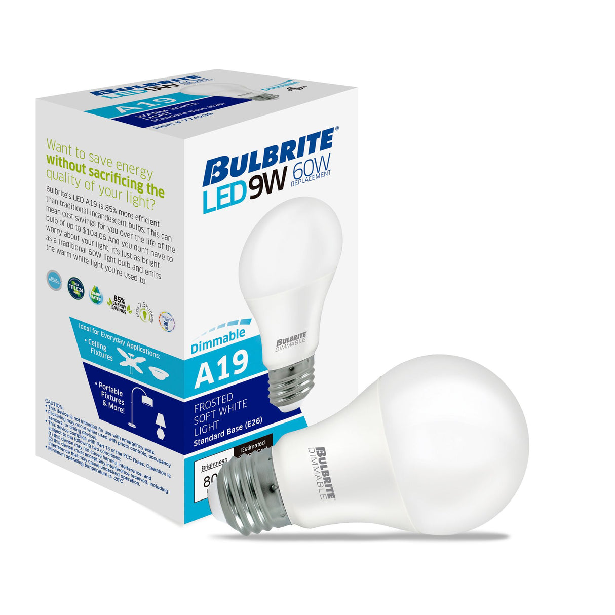 Bulbrite 862974 9W LED A19 Light Bulb 2700K Dimmable E26 800 Lumens 120V 4PK