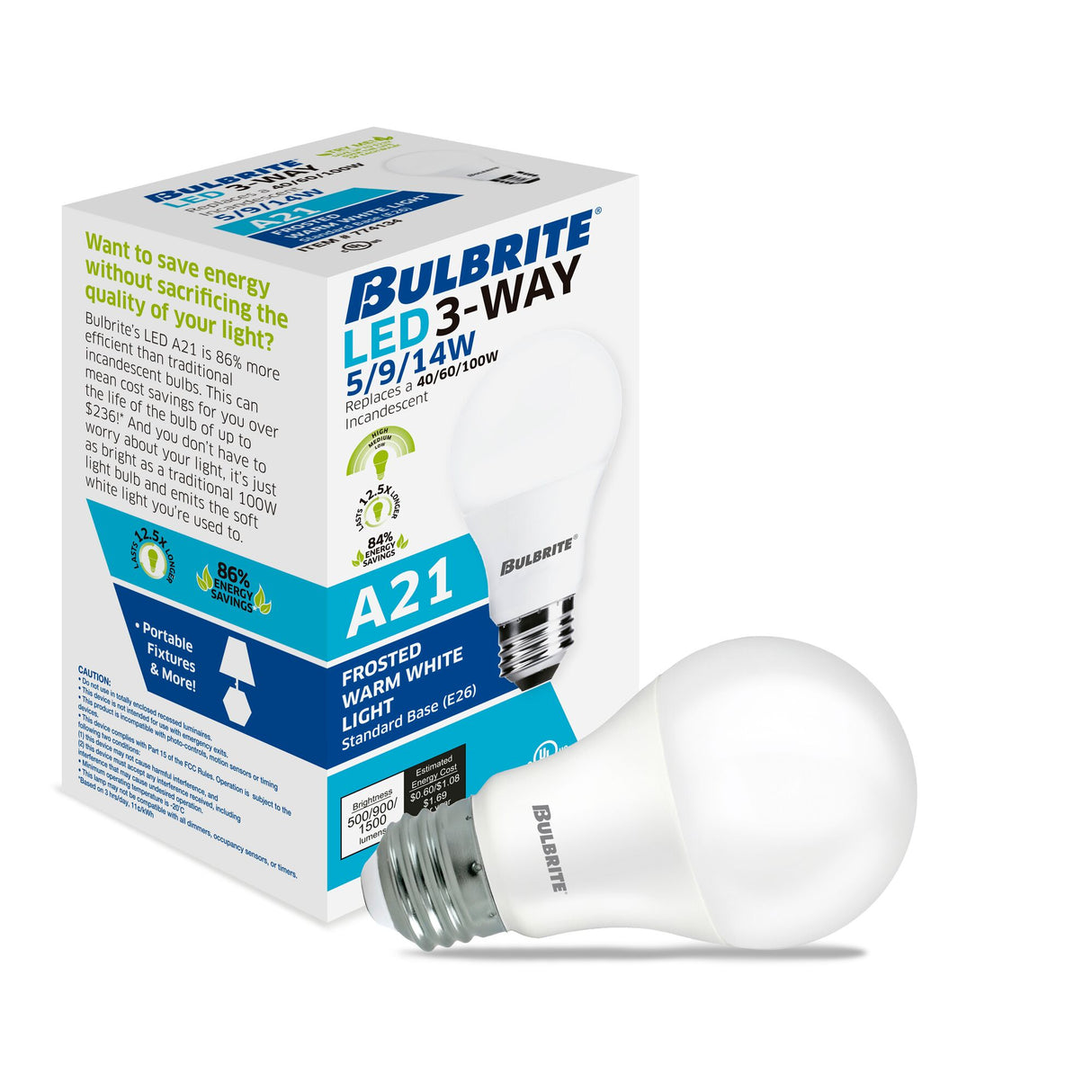 Bulbrite 862740 Bulbrite LED Filament Pack of (4) 5/9/14 Watt Non-Dimmable A21 Omni-Directional Light Bulbs with Frost Finish and Medium (E26) Base - 2700K (Warm White Light), 450/800/1600 Lumens