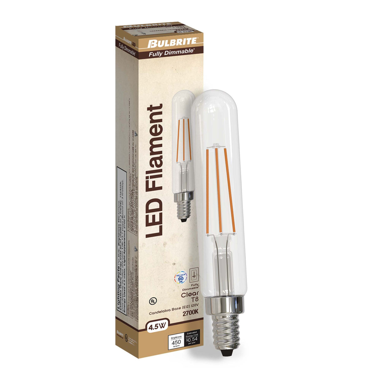 Bulbrite 862781 Bulbrite LED Filament Pack of (4) 4.5 Watt Dimmable T8 Light Bulb with Clear Glass Finish and Candelabra (E12) Base - 2700K (Warm White Light), 450 Lumens