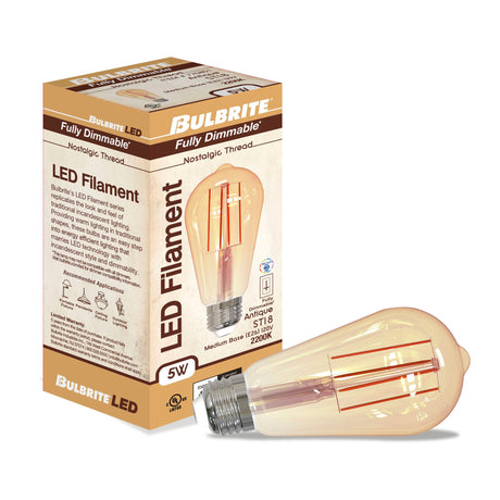 Bulbrite 862795 Bulbrite LED Filament Pack of (4) 5 Watt Dimmable ST18 Light Bulbs with Antique  Glass Finish and Medium (E26) Base - 2200K (Warm Amber Light), 450 Lumens