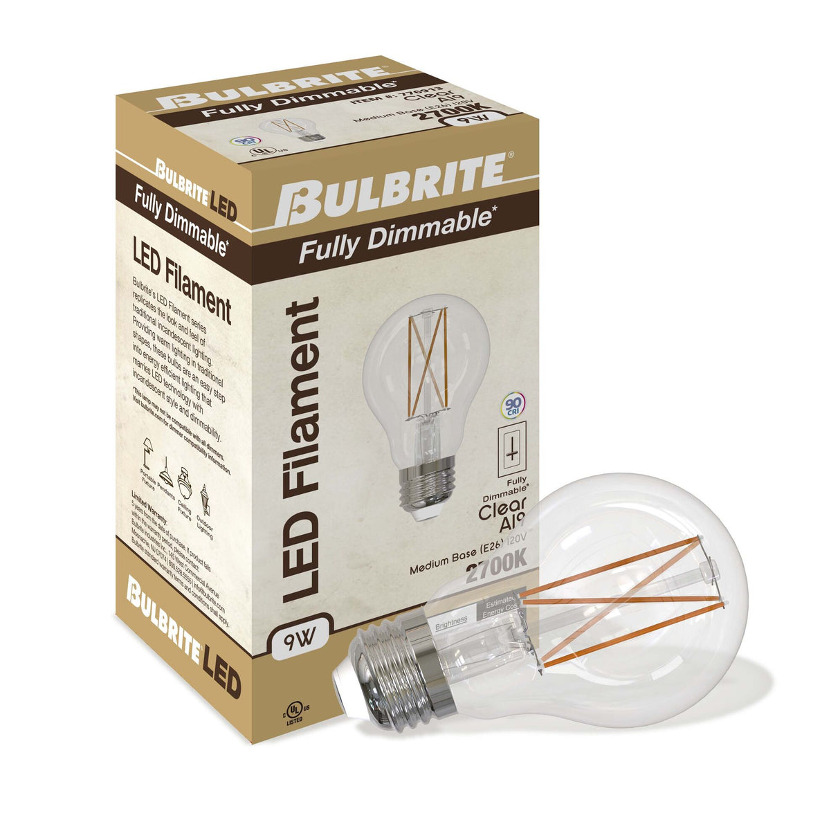 Bulbrite 862825 Bulbrite LED Filament Pack of (4) 9 Watt Dimmable A19 Light Bulb with Clear Glass Finish and Medium (E26) Base - 2700K (Warm White Light), 1100 Lumens