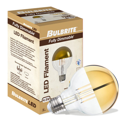 Bulbrite 862841 Bulbrite LED Filament Pack of (4) 4.5 Watt Dimmable G25 Light Bulb with Half Gold Glass Finish and Medium (E26) Base - 2700K (Warm White Light), 350 Lumens