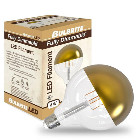 Bulbrite 862852 Bulbrite LED Filament Pack of (4) 6 Watt Dimmable G40 Light Bulbs with a Half Gold Finish and Medium (E26) Base - 2700K (Warm White Light), 500 Lumens