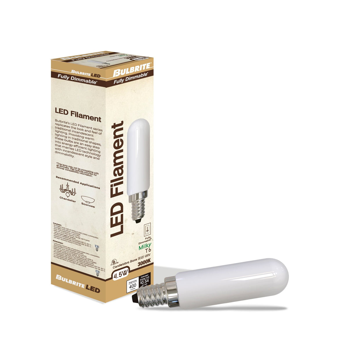 Bulbrite 862854 Bulbrite LED Filament Pack of (4) 4.5 Watt Dimmable T6 Light Bulbs with a Milky Finish and Candelabra (E12) Base - 3000K (Soft White Light), 400 Lumens