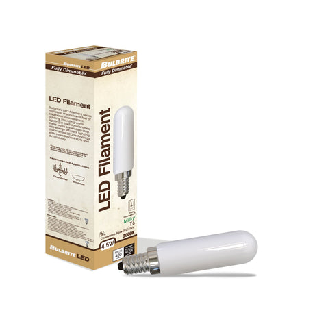 Bulbrite 862854 Bulbrite LED Filament Pack of (4) 4.5 Watt Dimmable T6 Light Bulbs with a Milky Finish and Candelabra (E12) Base - 3000K (Soft White Light), 400 Lumens