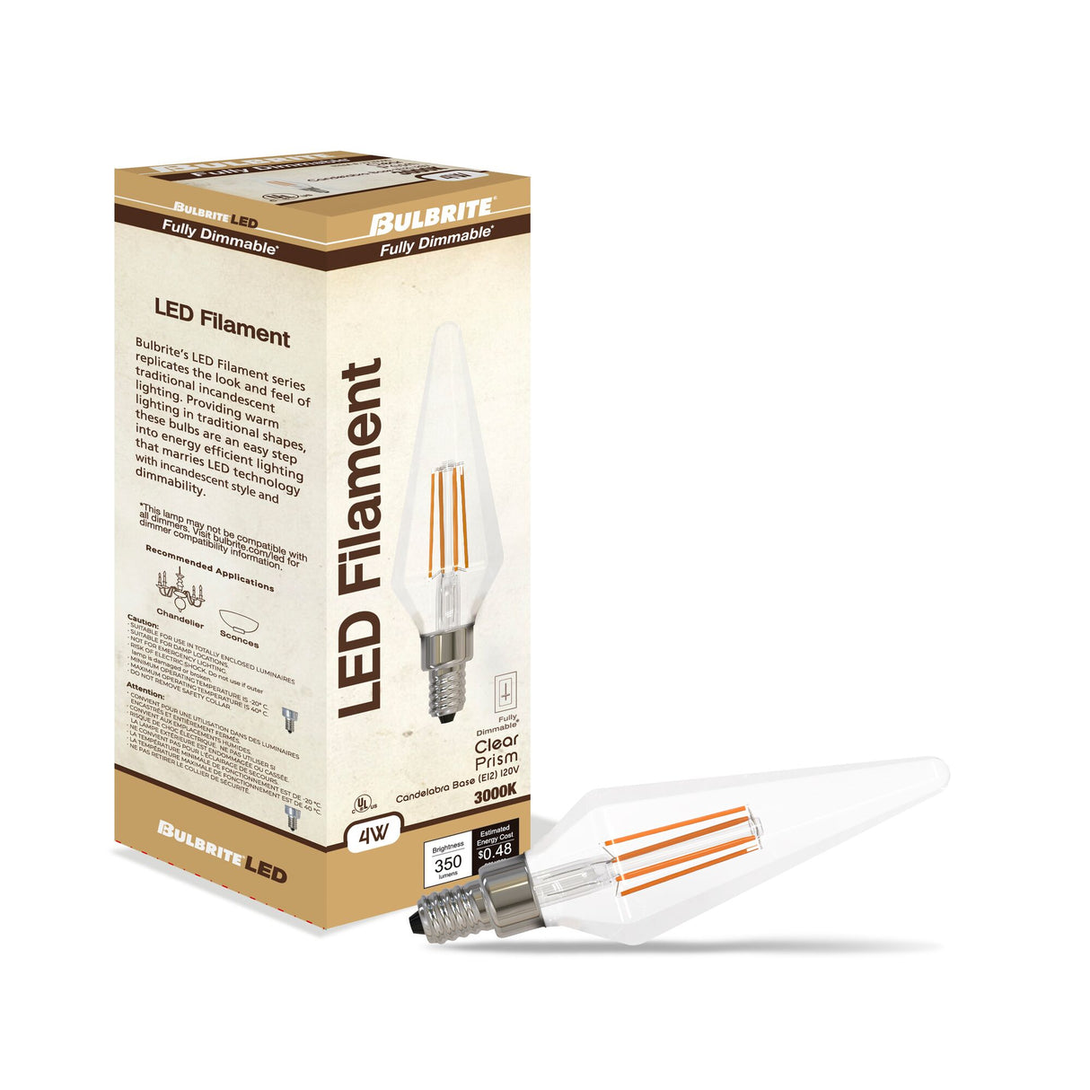 Bulbrite 862861 Bulbrite LED Filament Pack of (4) 4 Watt Dimmable Prism Light Bulbs with a Clear Finish and Candelabra (E12) Base - 3000K (Soft White Light), 350 Lumens