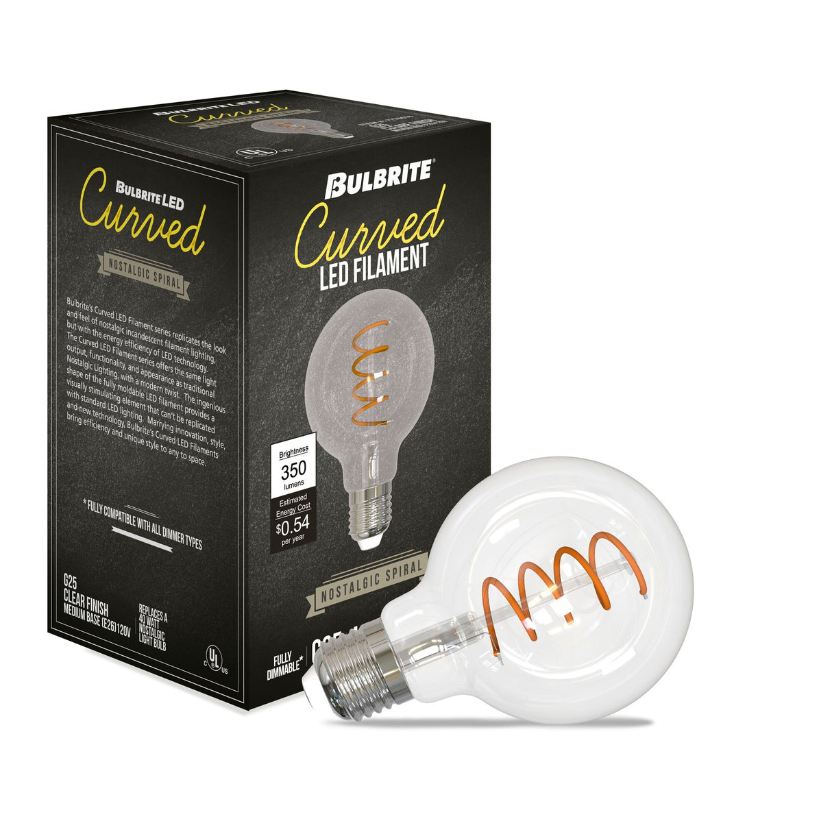 Bulbrite 861403 Bulbrite Pack of (2) 4 Watt Dimmable Antique Nostalgic Curved Filament G25 Medium (E26) LED Bulb - 2200K and 85 CRI