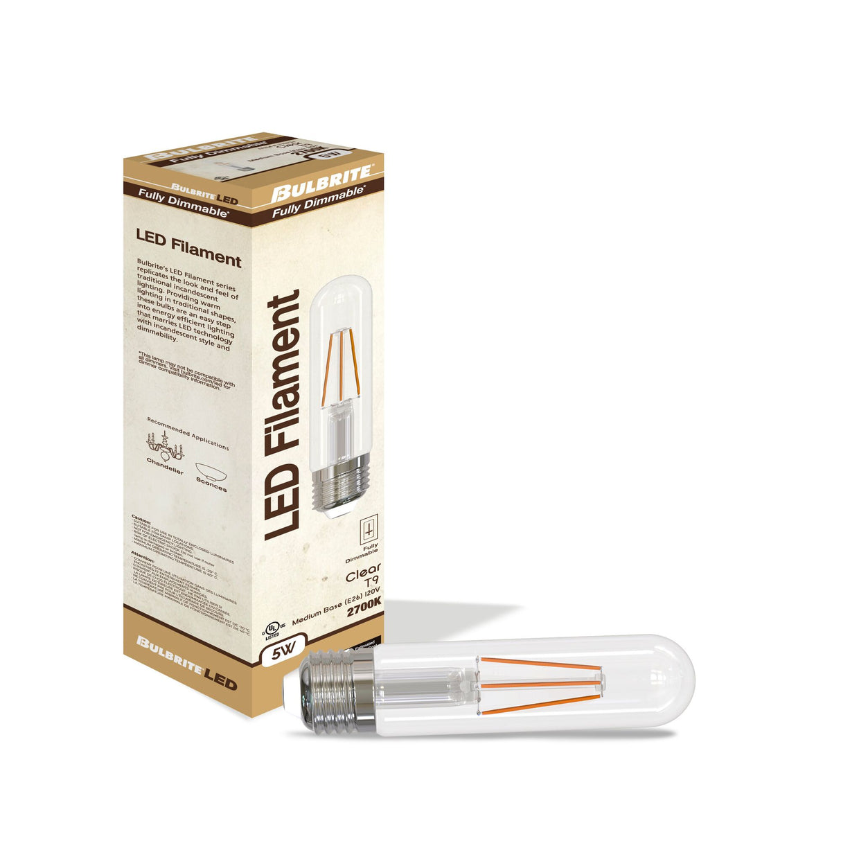 Bulbrite 862872 Bulbrite LED Filament Pack of (4) 5 Watt Dimmable 5 Inch T9 Light Bulbs with Clear Glass Finish and Medium (E26) Base - 2700K (Warm White Light), 500 Lumens