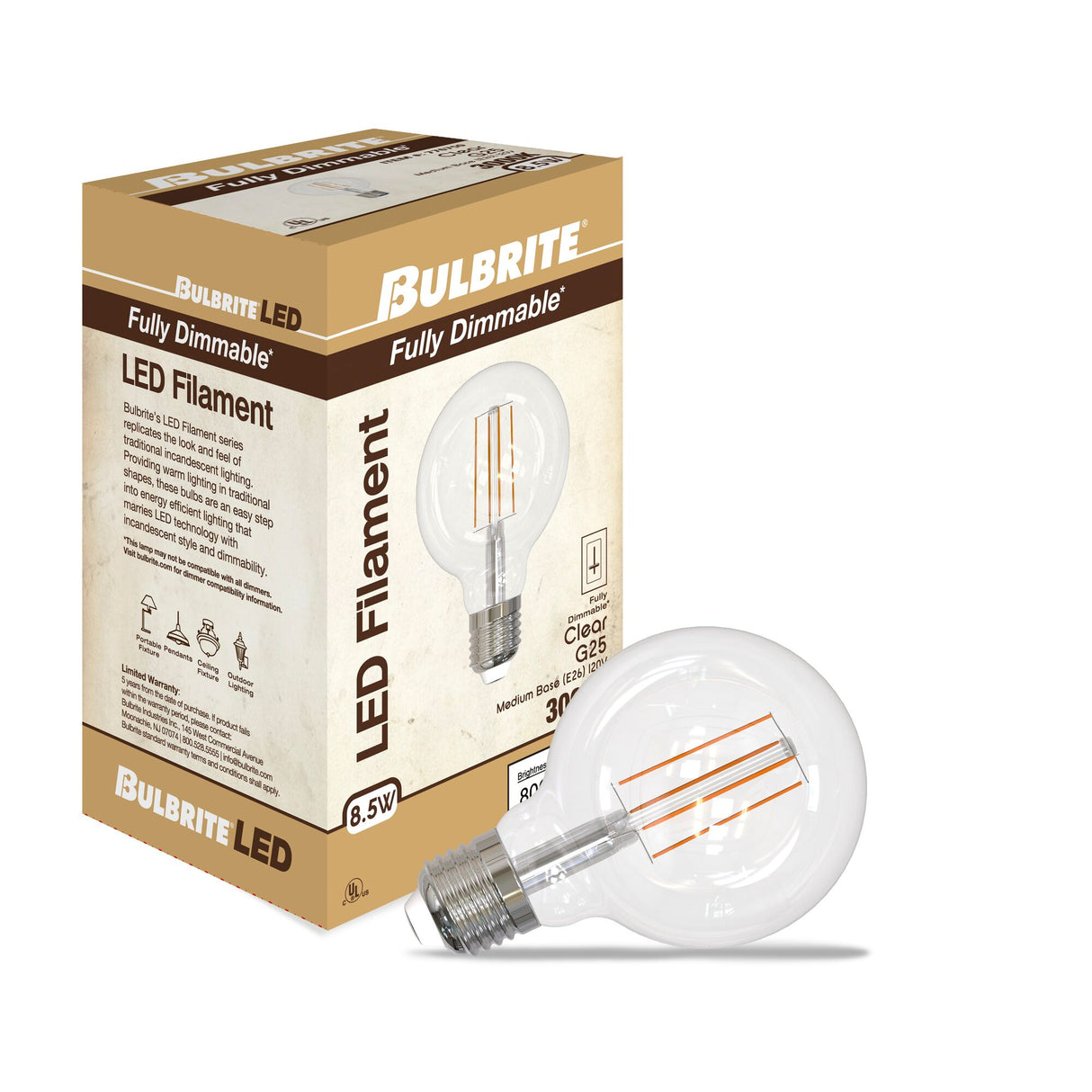 Bulbrite 862877 Bulbrite LED Filament Pack of (4) 5 Watt Dimmable G25 Light Bulb with a Clear Finish and Medium (E26) Base - 3000K (Soft White Light), 800 Lumens