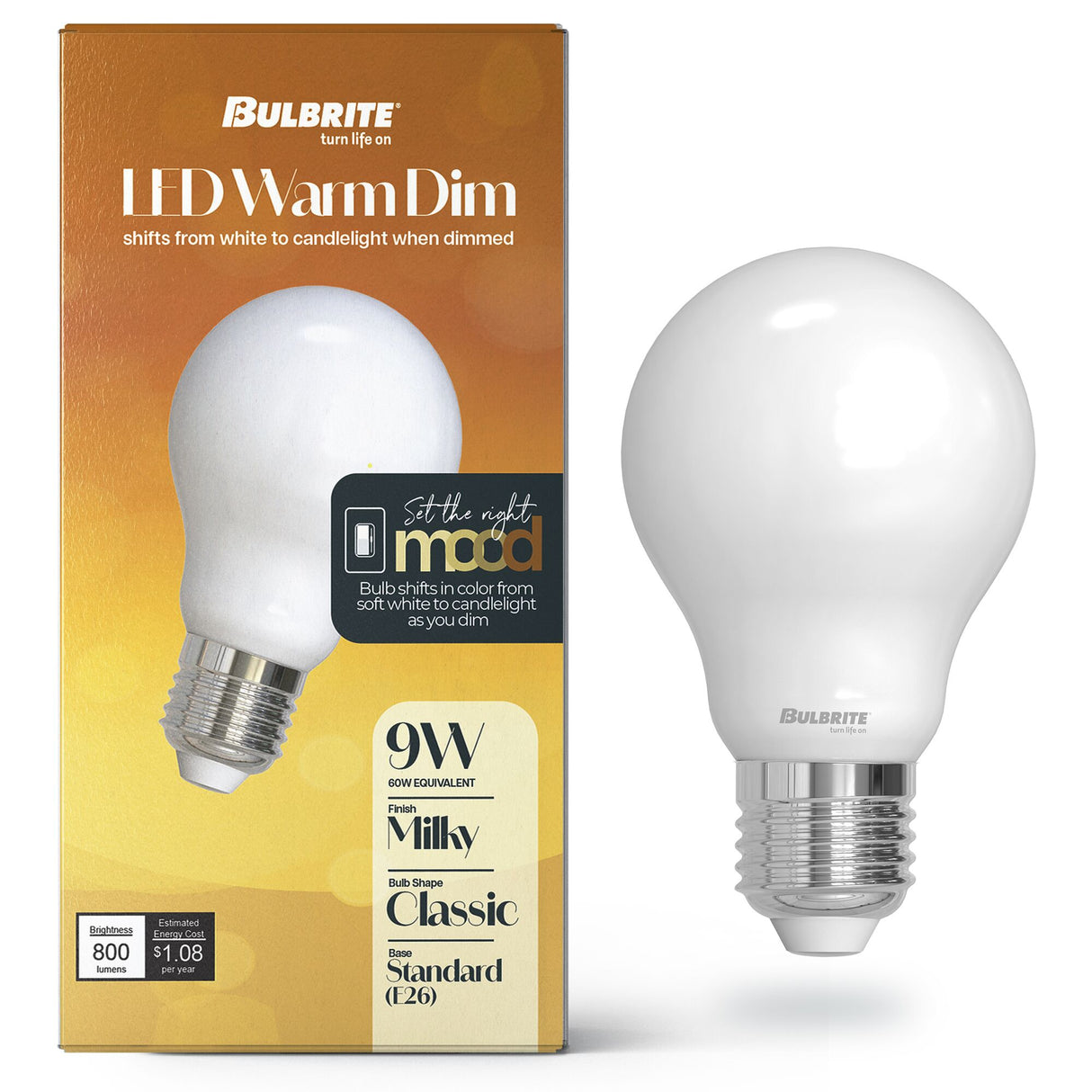 Bulbrite 862884 Bulbrite 9 Watt LED A19 Light Bulbs, Warm Dimming 3000K (Soft White) - 1800K (Candlelight), 800 Lumens, (2 Pack)