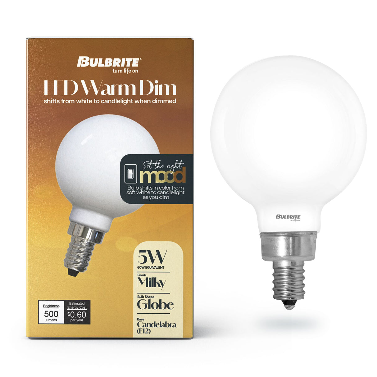 Bulbrite 862887 Bulbrite 5 Watt LED G16 Light Bulbs, Warm Dimming 3000K (Soft White) - 1800K (Candlelight), 500 Lumens, (4 Pack)
