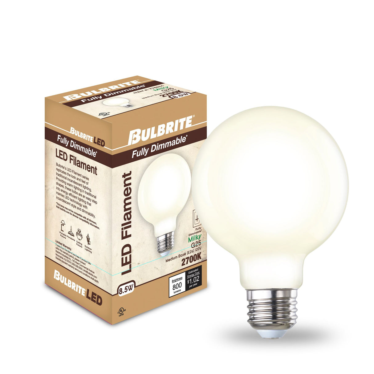 Bulbrite 862893 Bulbrite LED Filament Pack of (4) 8.5 Watt Dimmable G25 Light Bulb with a Milky Finish and Medium Screw (E26) Base - 2700K (Warm White Light), 800 Lumens