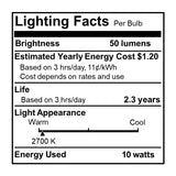 Bulbrite 861953 10W Incandescent G12 Light Bulb 2700K Dimmable E12 50 Lumens 130V 50PK
