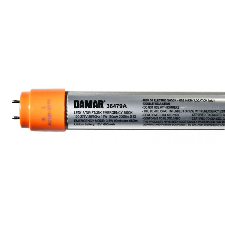 Damar 36479A LED/15/T8/4FT/35K/EMERGENCY 15W 4ft LED T8 Tube 3500K Type B with 90-min Emergency Backup 120-277V