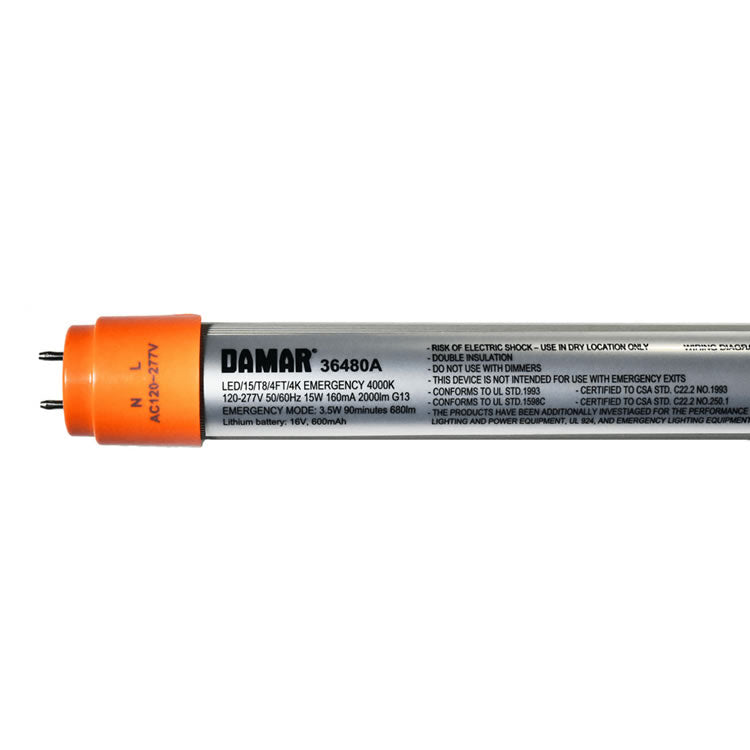Damar 36480A LED/15/T8/4FT/4K/EMERGENCY 15W 4ft LED T8 Tube 4000K Type B with 90-min Emergency Backup 120-277V