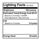Bulbrite 861974 25W Incandescent C11 Light Bulb Dimmable E12 160 Lumens 130V 25PK