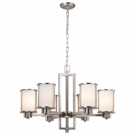 Nuvo 60-2853 Odeon 6 Light Up/Down Convertible Chandelier White Satin Glass Brushed Nickel Finish 120V