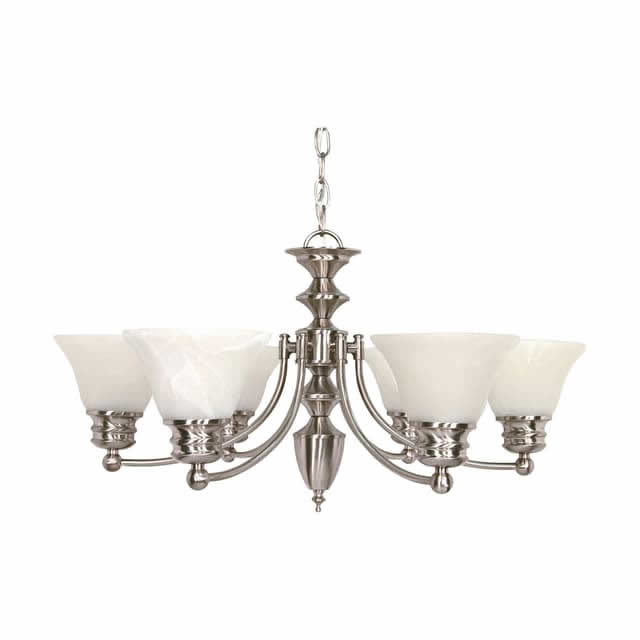 Nuvo 60-356 Empire 6 Light Chandelier 26-Inch Alabaster Glass Bell Shades Brushed Nickel Finish 120V