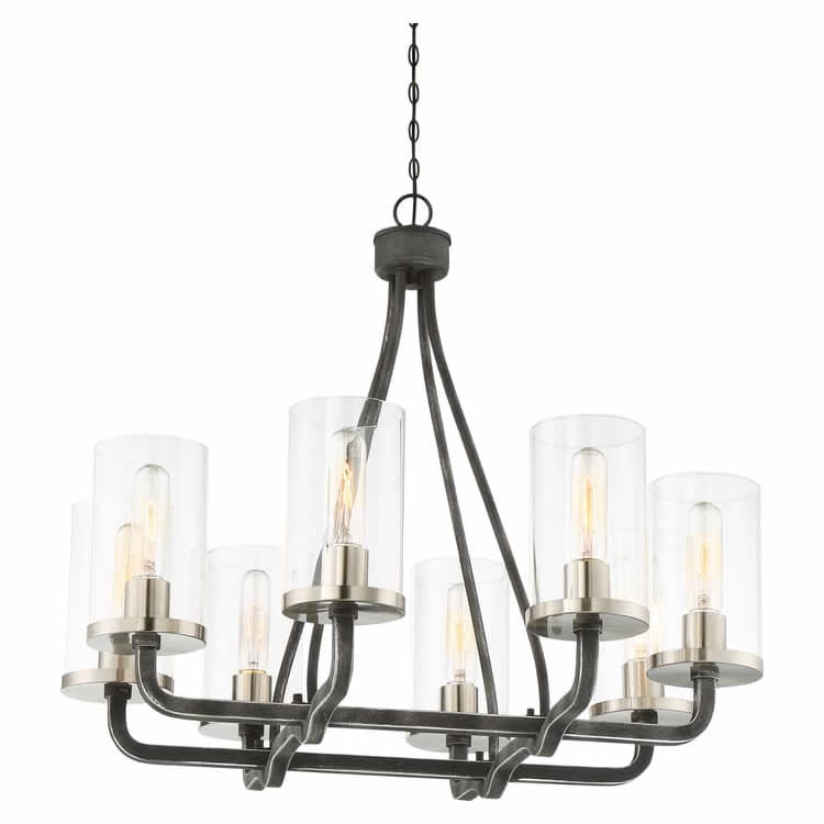 Nuvo 60-6128 Sherwood 8 Light Chandelier Clear Glass Iron Black / Brushed Nickel Accents Finish 120V