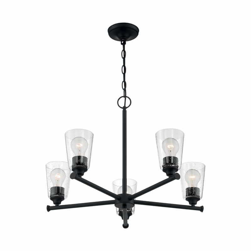 Nuvo 60-7285 Bransel 5 Light Chandelier Clear Seeded Glass Matte Black Finish 120V