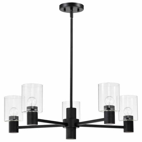 Nuvo 60-8066 Clarksville 28-Inch 5 Light Chandelier Clear Glass Matte Black Finish 120V