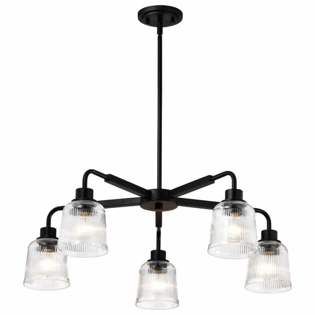 Nuvo 60-8611 Grayson 5 Light Chandelier Clear Ribbed Glass Matte Black Finish 120V