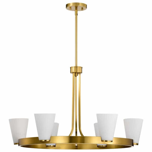 Nuvo 60-8726 Royale 6 Light Chandelier Ribbed White Glass Burnished Brass Finish 120V