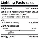 Bulbrite 861993 100W Halogen T8 Light Bulb 2900K Dimmable E26 1400 Lumens 120V 5PK