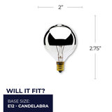 Bulbrite 861211 Bulbrite Pack of (25) 25 Watt Dimmable Half Chrome G16.5 Candelabra (E12) Incandescent Bulb