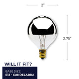 Bulbrite 861159 Bulbrite 40 Watt Incandescent G16.5 Globe Bulb, Half Chrome Dimmable Candelabra Screw Base (E12) Warm White Light Bulb (Pack of 25)